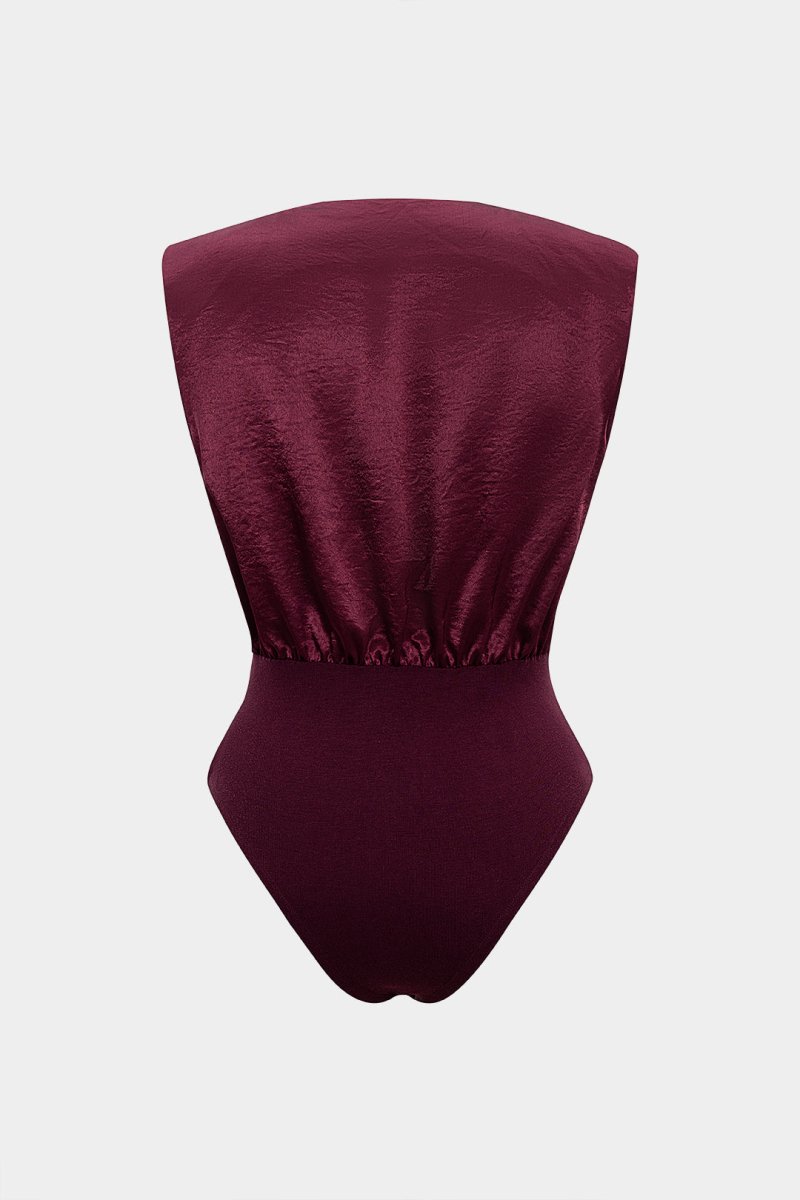 Satin Patchwork Metallic Decor V - Neck Sleeveless Bodysuit - MISMIMCWTO2507250001-BURGUNDY-XS