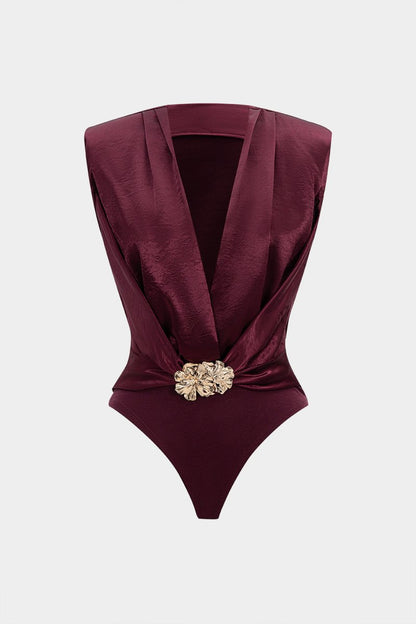 Satin Patchwork Metallic Decor V - Neck Sleeveless Bodysuit - MISMIMCWTO2507250001-BURGUNDY-XS