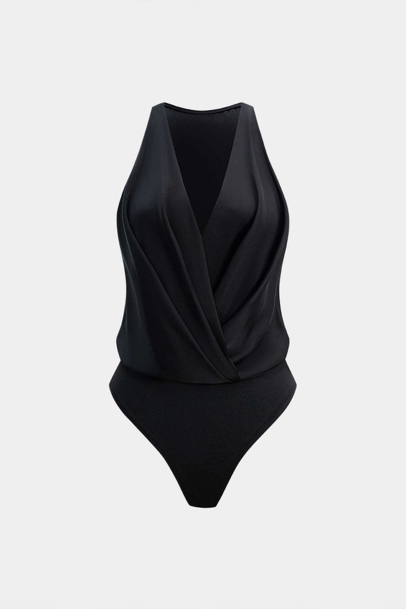 Satin Ruched Crossed Sleeveless Bodysuit - MISMIMCWUL2507220038-BLACK-XS