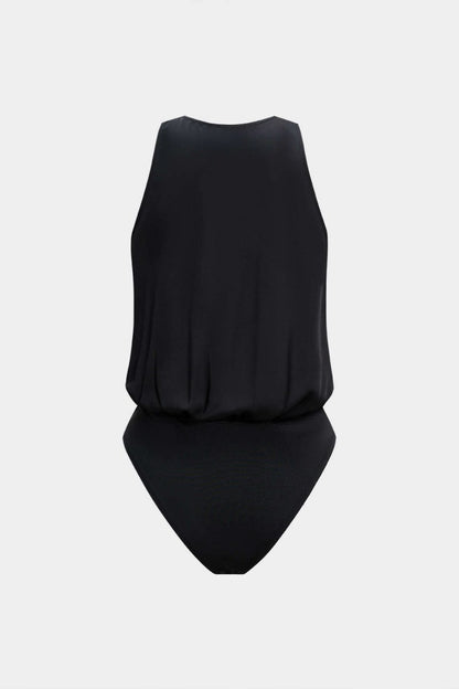 Satin Ruched Crossed Sleeveless Bodysuit - MISMIMCWUL2507220038-BROWNISH GREEN-XS