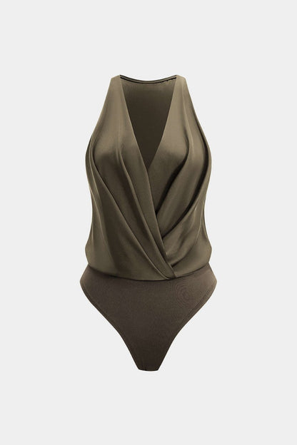 Satin Ruched Crossed Sleeveless Bodysuit - MISMIMCWUL2507220038-BROWNISH GREEN-XS