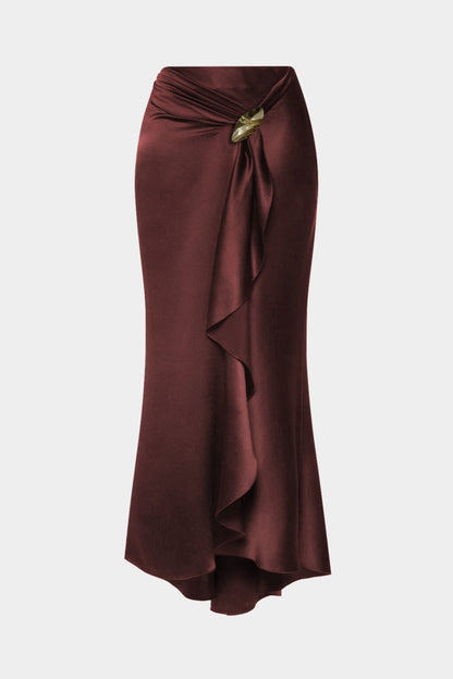 Satin Ruffle Ruched Asymmetrical Skirt - MISMIMCWBK2507220057-MAROON-XS