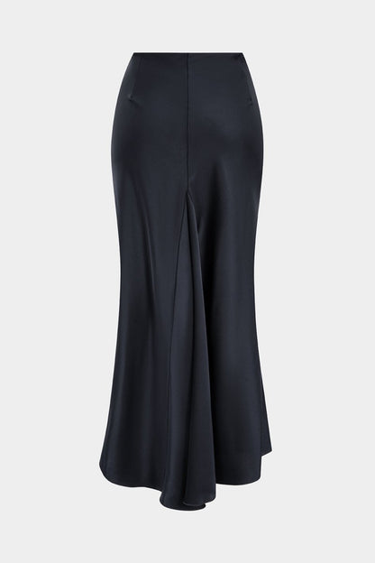 Satin Ruffle Ruched Asymmetrical Skirt - MISMIMCWBK2507220057-NAVY-XS