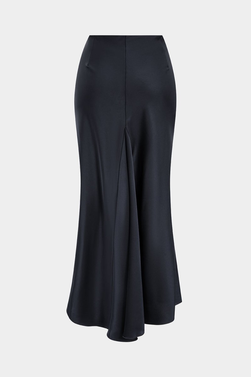 Satin Ruffle Ruched Asymmetrical Skirt - MISMIMCWBK2507220057-NAVY-XS