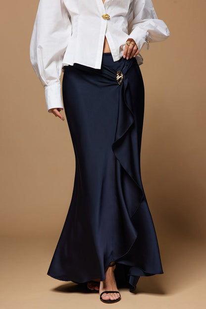Satin Ruffle Ruched Asymmetrical Skirt - MISMIMCWBK2507220057-NAVY-XS