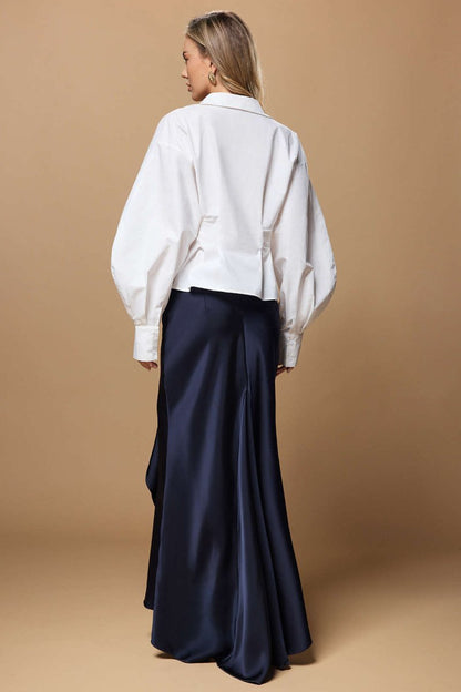 Satin Ruffle Ruched Asymmetrical Skirt - MISMIMCWBK2507220057-NAVY-XS