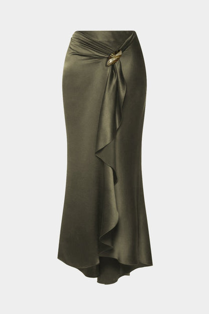 Satin Ruffle Ruched Asymmetrical Skirt - MISMIMCWBK2507220057-OLIVE-XS