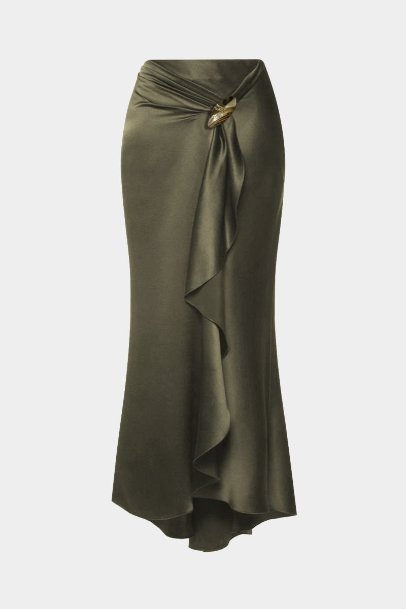 Satin Ruffle Ruched Asymmetrical Skirt - MISMIMCWBK2507220057-OLIVE-XS