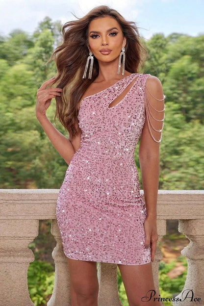 Sequin Chain One Shoulder Slim Party Dress