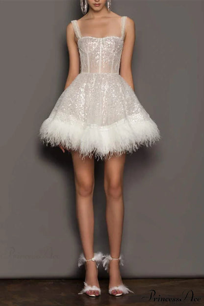 Sequin Feather Strapless Party Dress
