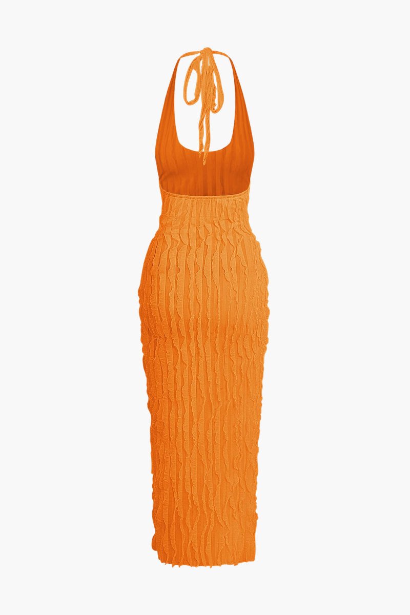 Sheer Ruffle Texture Halter Backless Maxi Dress - MISMIMCWDA2404200011-ORANGE-XS