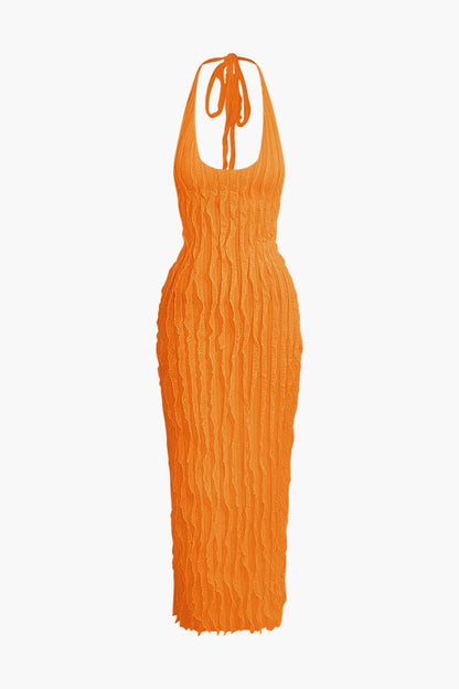 Sheer Ruffle Texture Halter Backless Maxi Dress - MISMIMCWDA2404200011-ORANGE-XS