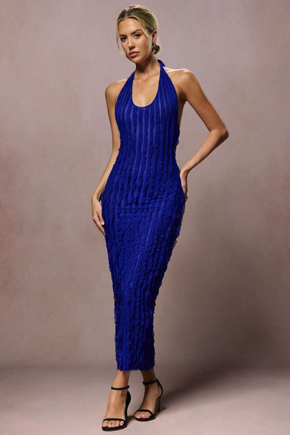 Sheer Ruffle Texture Halter Backless Maxi Dress - MISMIMCWDA2404200011-BLUE-XS