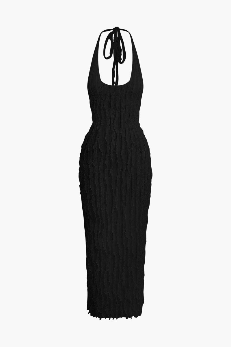 Sheer Ruffle Texture Halter Backless Maxi Dress - MISMIMCWDA2404200011-BLACK-XS