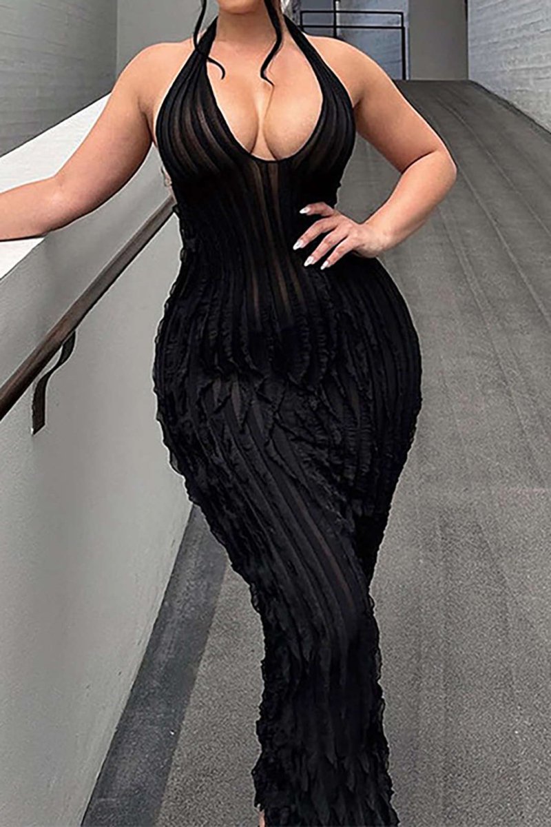 Sheer Ruffle Texture Halter Backless Maxi Dress - MISMIMCWDA2404200011-BLACK-XS