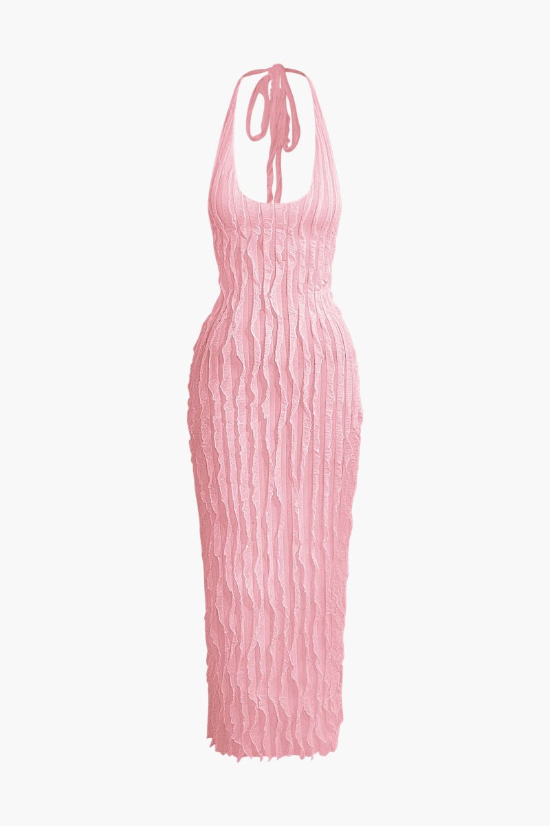Sheer Ruffle Texture Halter Backless Maxi Dress - MISMIMCWDA2404200011-PINK-XS