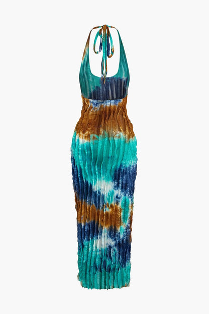 Sheer Ruffle Texture Halter Backless Maxi Dress - MISMIMCWDA2404200011-TURQUOISE-XS