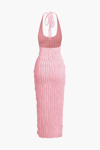 Sheer Ruffle Texture Halter Backless Maxi Dress - MISMIMCWDA2404200011-PINK-XS