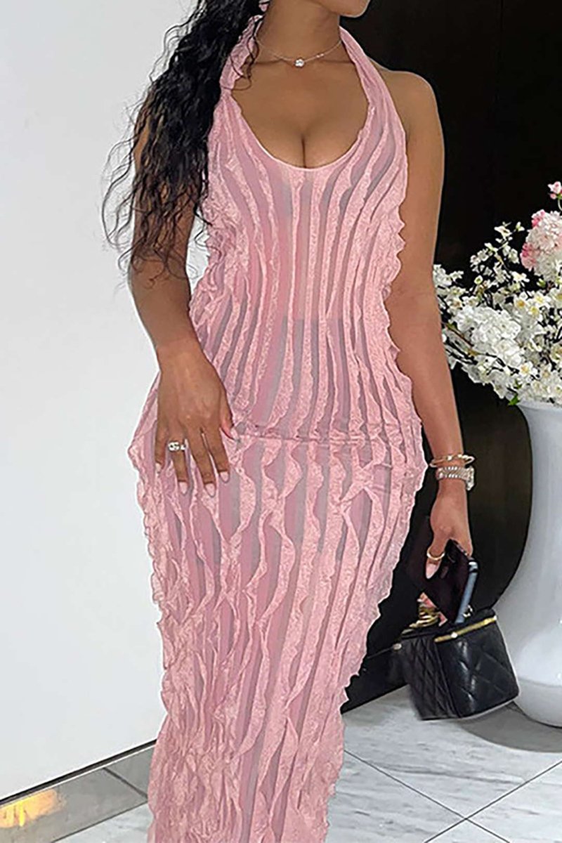 Sheer Ruffle Texture Halter Backless Maxi Dress - MISMIMCWDA2404200011-BLACK-XS