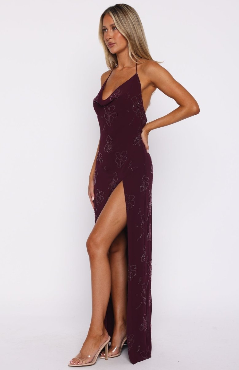 Slow Dancer Beaded Maxi Dress Deep Plum - MISMIWFLOD434-1-XXS