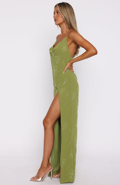 Slow Dancer Beaded Maxi Dress Green Tea - MISMIWFLOD434-2-XXS