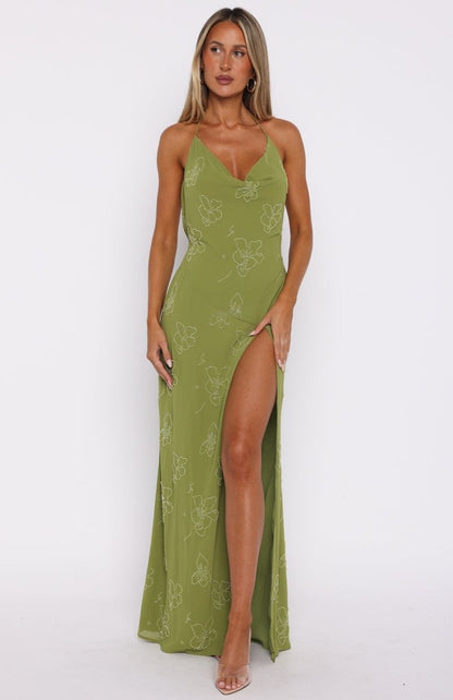 Slow Dancer Beaded Maxi Dress Green Tea - MISMIWFLOD434-2-XXS