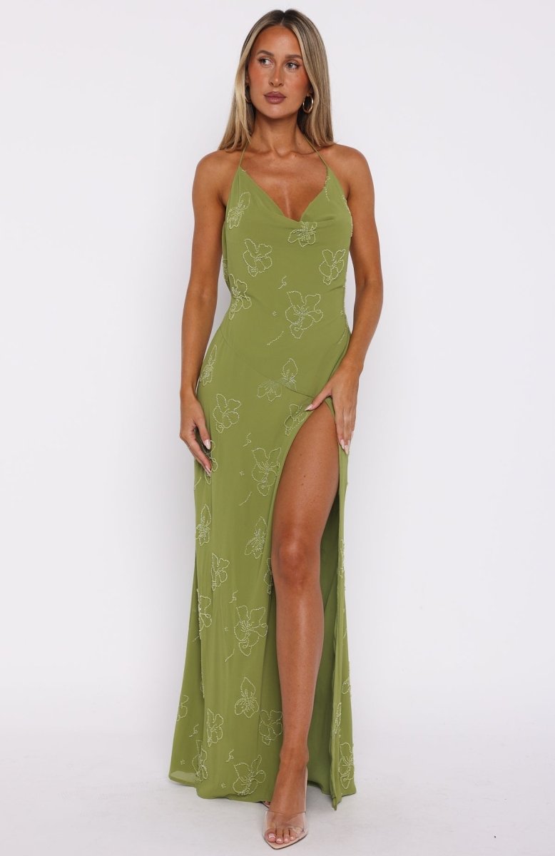 Slow Dancer Beaded Maxi Dress Green Tea - MISMIWFLOD434-2-XXS