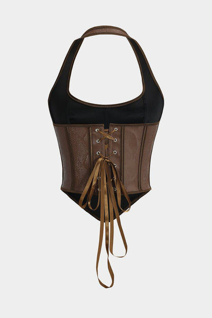 Snake Skin Faux Leather Tie - Up Corset Cami Top - MISMIMCWTT2411250080-BROWN-S