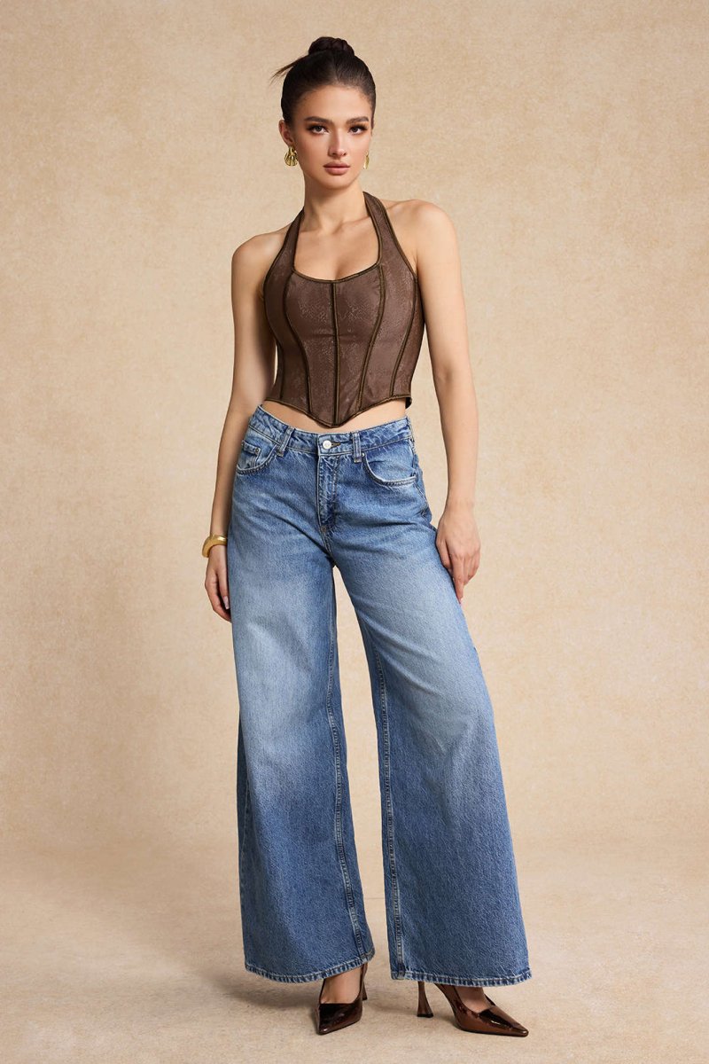 Snake Skin Faux Leather Tie - Up Corset Cami Top - MISMIMCWTT2411250080-BROWN-S