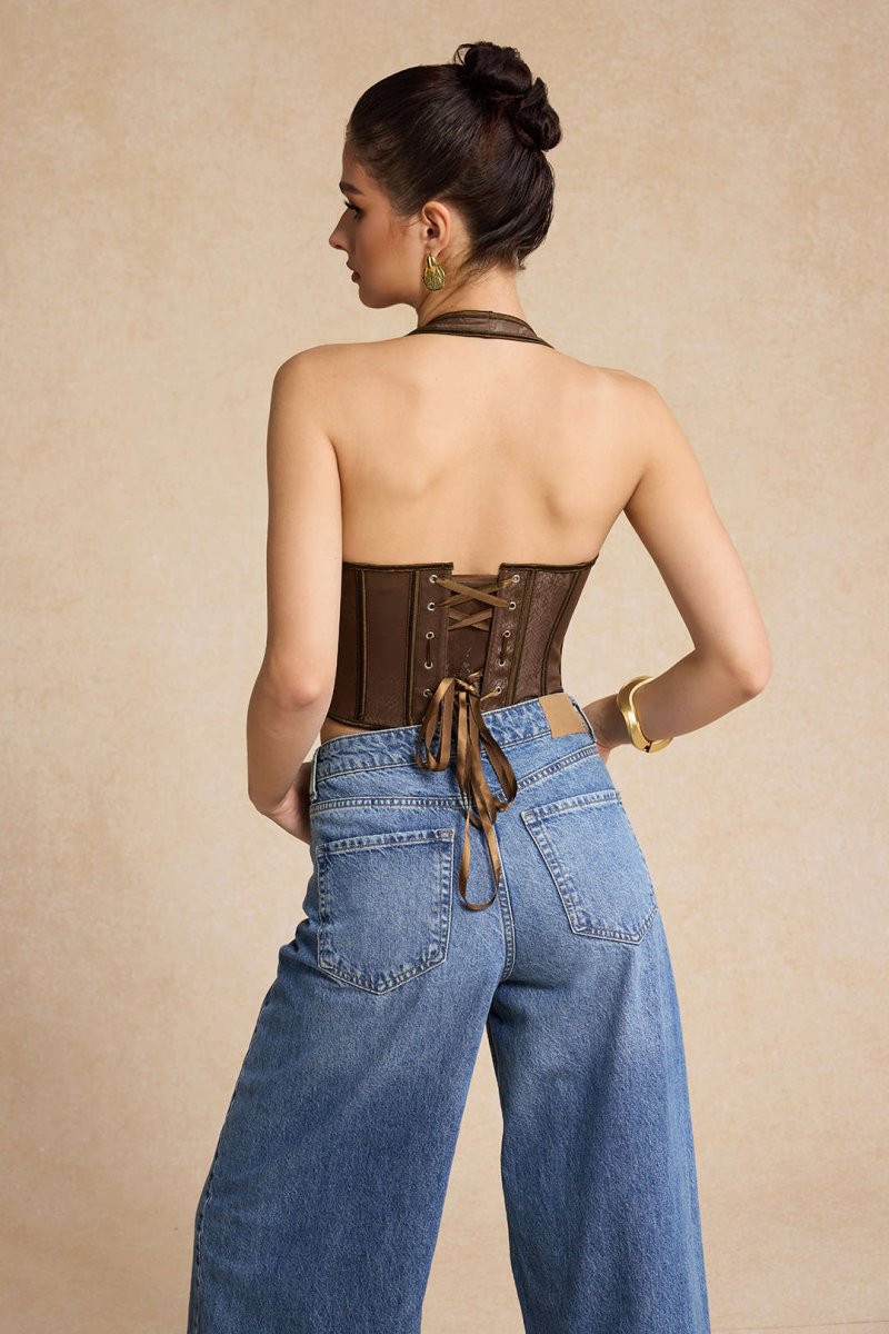 Snake Skin Faux Leather Tie - Up Corset Cami Top - MISMIMCWTT2411250080-BROWN-S