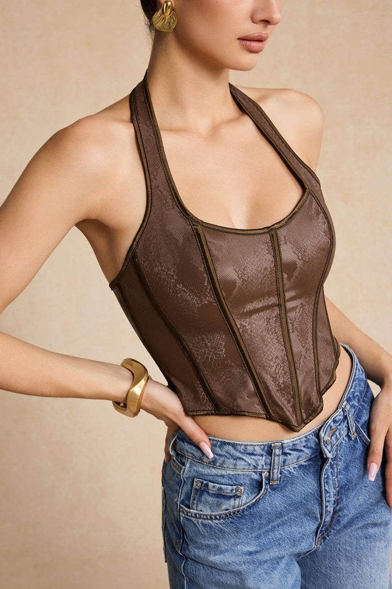Snake Skin Faux Leather Tie - Up Corset Cami Top - MISMIMCWTT2411250080-BROWN-S