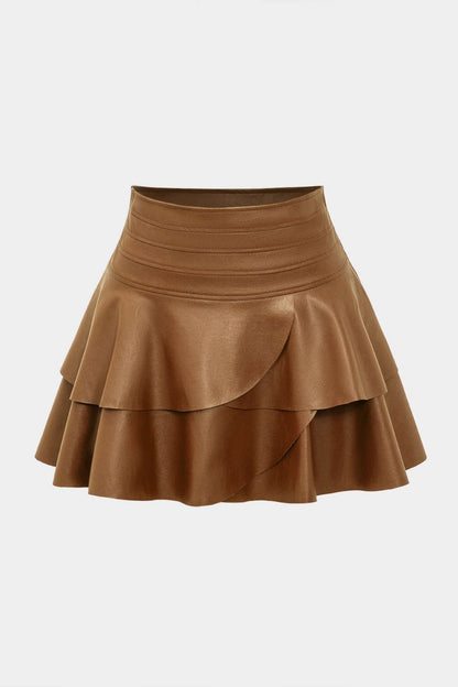 Solid Faux Leather Asymmetrical Layer Skirt - MISMIMCWBK2409200015-CHOCOLATE-S