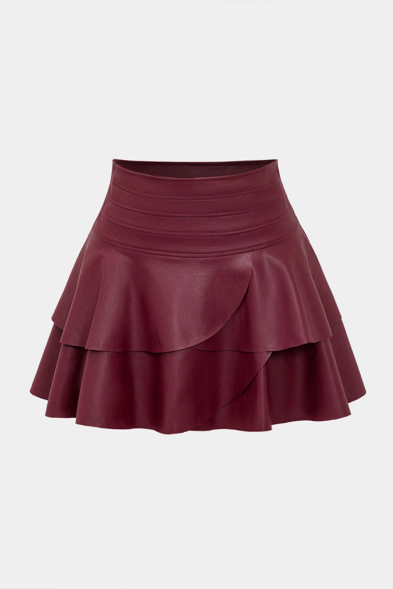 Solid Faux Leather Asymmetrical Layer Skirt - MISMIMCWBK2409200015-BURGUNDY-XS