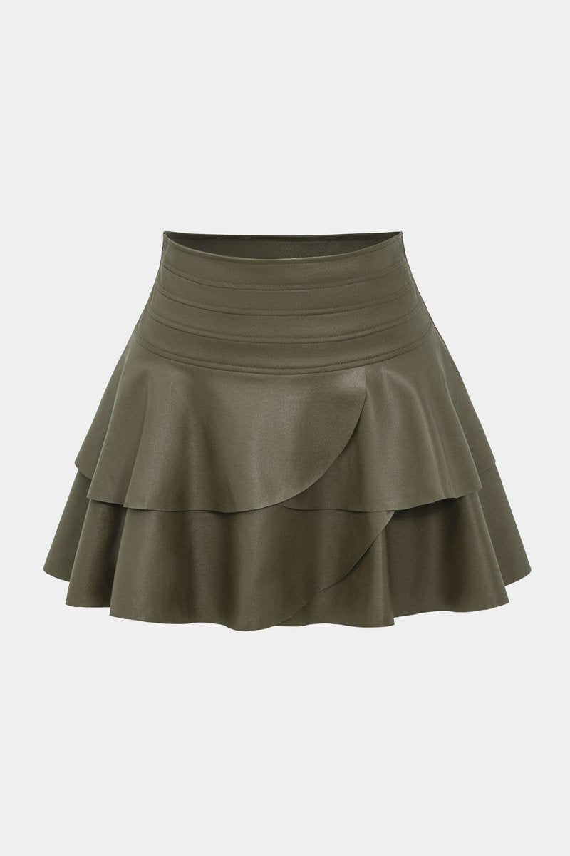 Solid Faux Leather Asymmetrical Layer Skirt - MISMIMCWBK2409200015-JADE-S