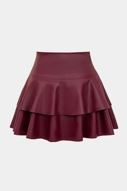 Solid Faux Leather Asymmetrical Layer Skirt - MISMIMCWBK2409200015-BURGUNDY-XS