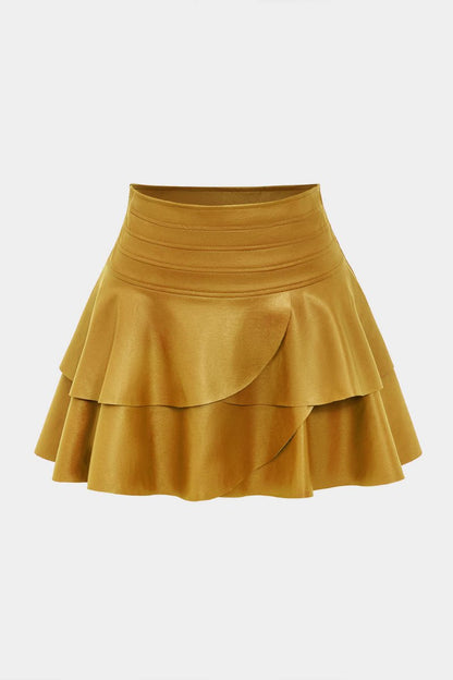 Solid Faux Leather Asymmetrical Layer Skirt - MISMIMCWBK2409200015-OCHRE-S