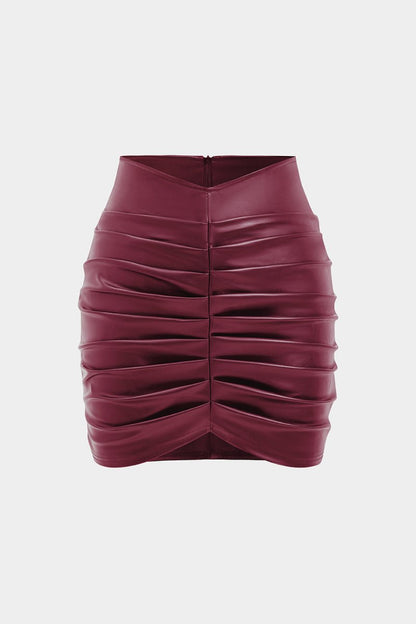 Solid Faux Leather Ruched Skirt - MISMIMCWBK2409090047-BURGUNDY-XXS