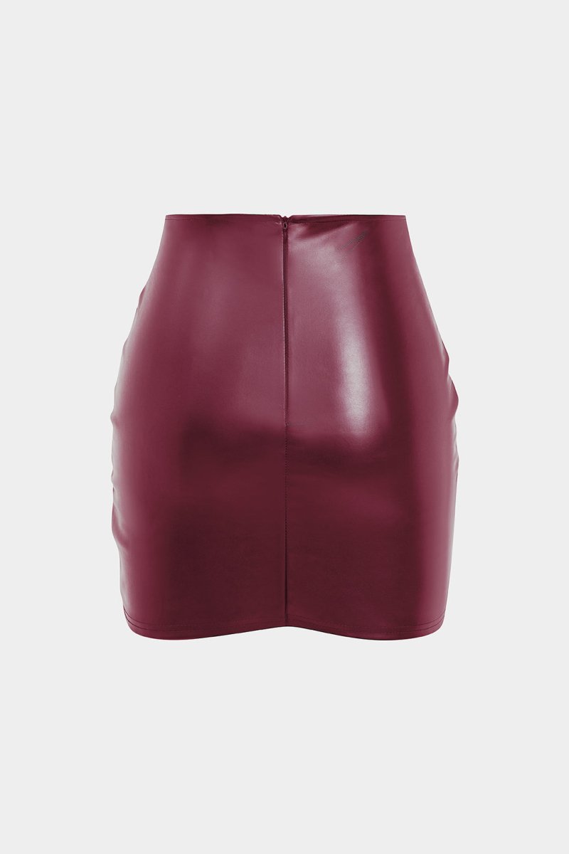 Solid Faux Leather Ruched Skirt - MISMIMCWBK2409090047-BURGUNDY-XXS