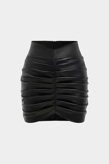 Solid Faux Leather Ruched Skirt - MISMIMCWBK2409090047-BLACK-XXS