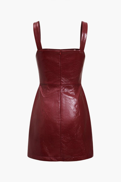 Solid Faux Leather Strap Mini Dress - MISMIMCWDC2408140027-BURGUNDY-XS