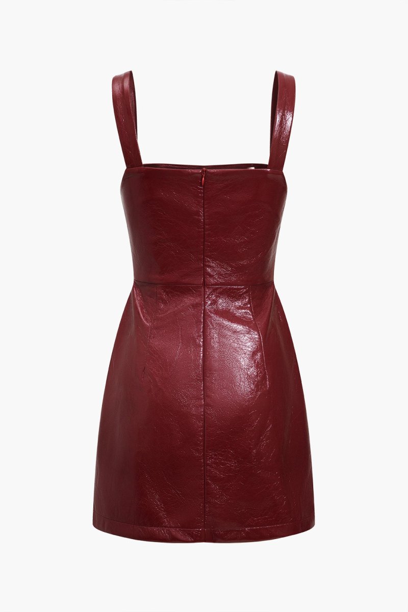 Solid Faux Leather Strap Mini Dress - MISMIMCWDC2408140027-BURGUNDY-XS