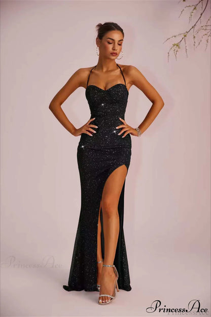 Solid Plunging Backless Slit Fitted Maxi Party Dress