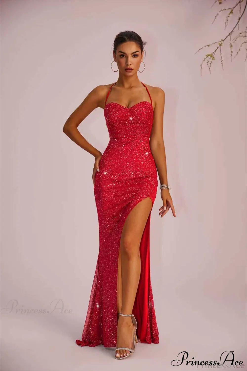 Solid Plunging Backless Slit Fitted Maxi Party Dress