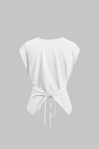 Solid Ruched Tie - Up Crossed T-Shirt - MISMIMCWTT2506170066-WHITE-XS