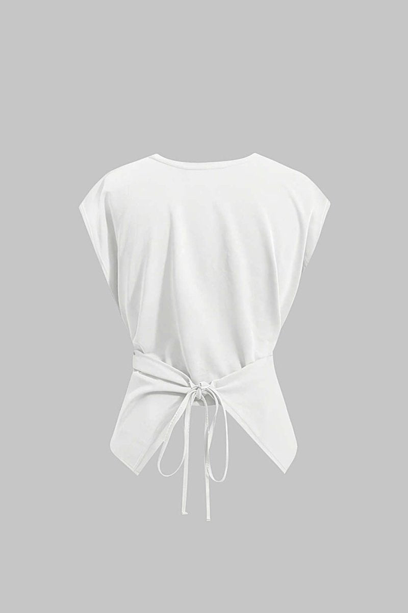 Solid Ruched Tie - Up Crossed T-Shirt - MISMIMCWTT2506170066-WHITE-XS