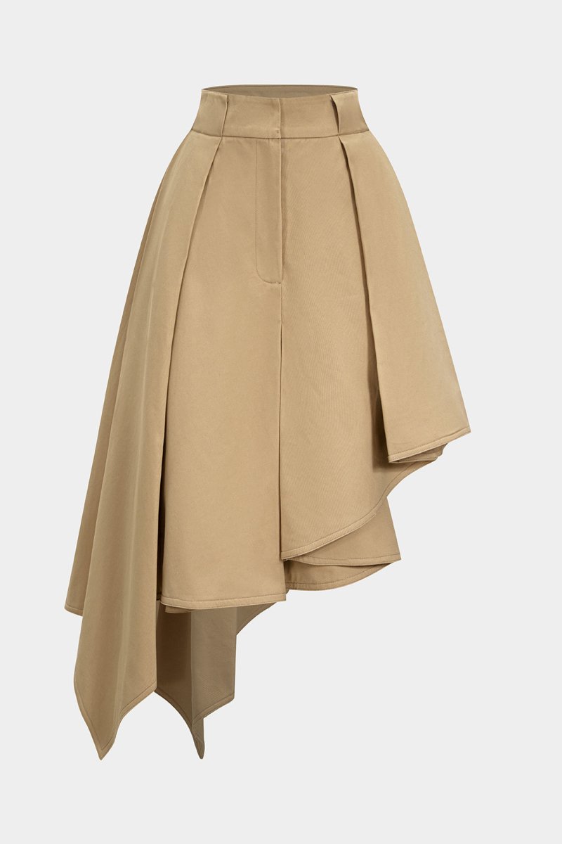 Solid Ruffle Hem Pleated Skirt - MISMIMCWBK2508010040-KHAKI-XS