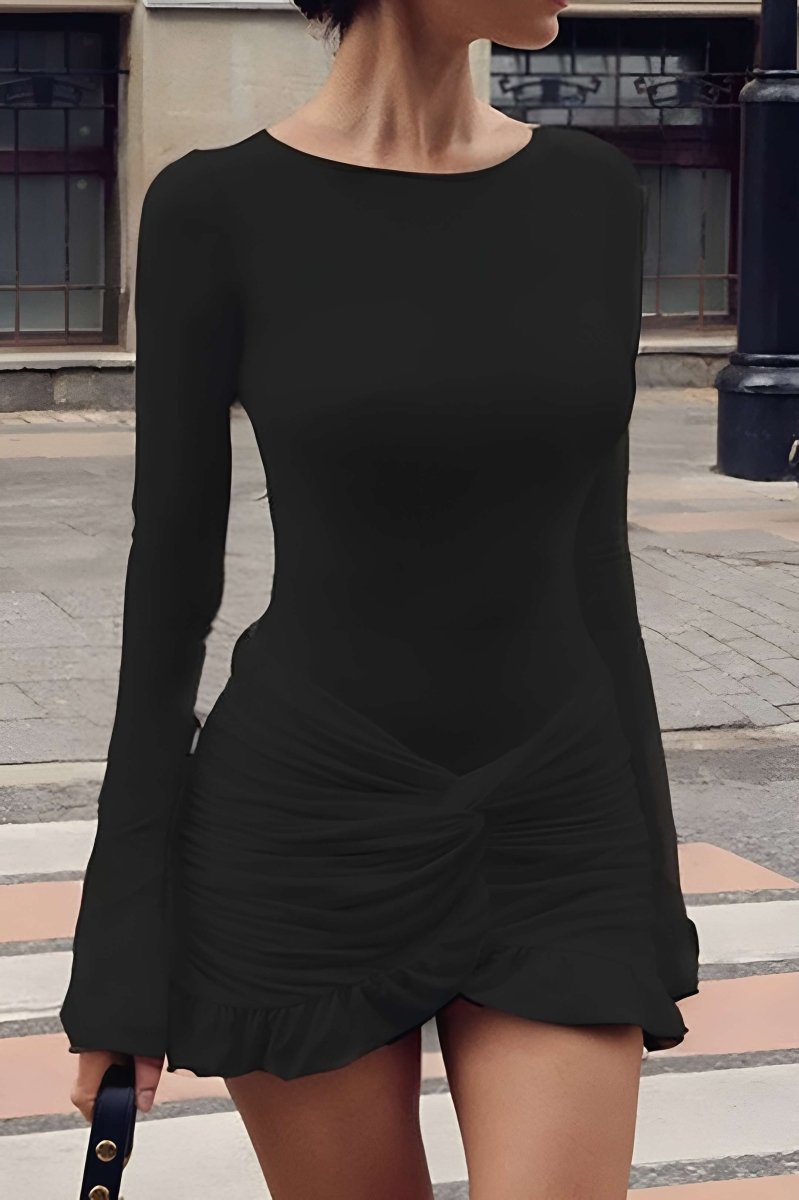 Solid Ruffle Ruched Twist Long Sleeve Mini Dress - MISMIMCWDC2408190103-BLACK-XS