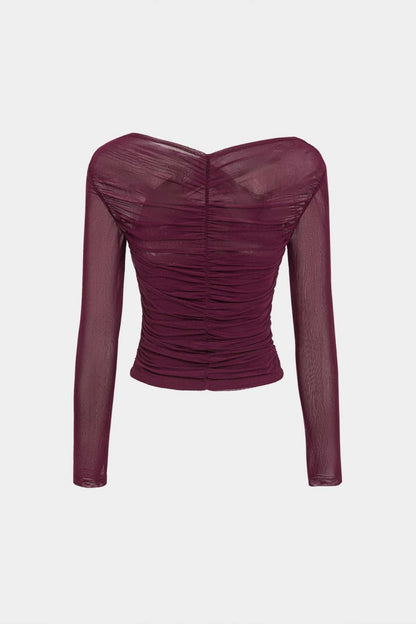 Solid Sheer Mesh Ruched Long - Sleeve Top - MISMIMCWTL2409230093-BURGUNDY-XS