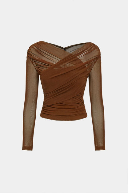 Solid Sheer Mesh Ruched Long - Sleeve Top - MISMIMCWTL2409230093-COFFEE-XS