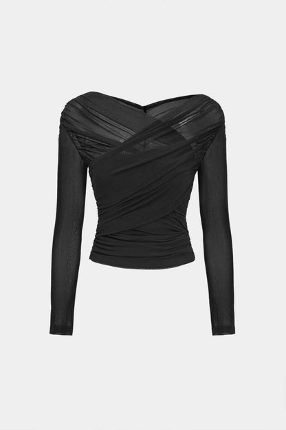 Solid Sheer Mesh Ruched Long - Sleeve Top - MISMIMCWTL2409230093-BLACK-XS